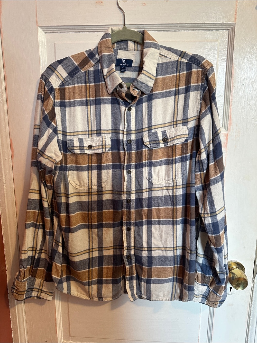George Plaid Button-Down Shirt in Cream, Navy & Brown